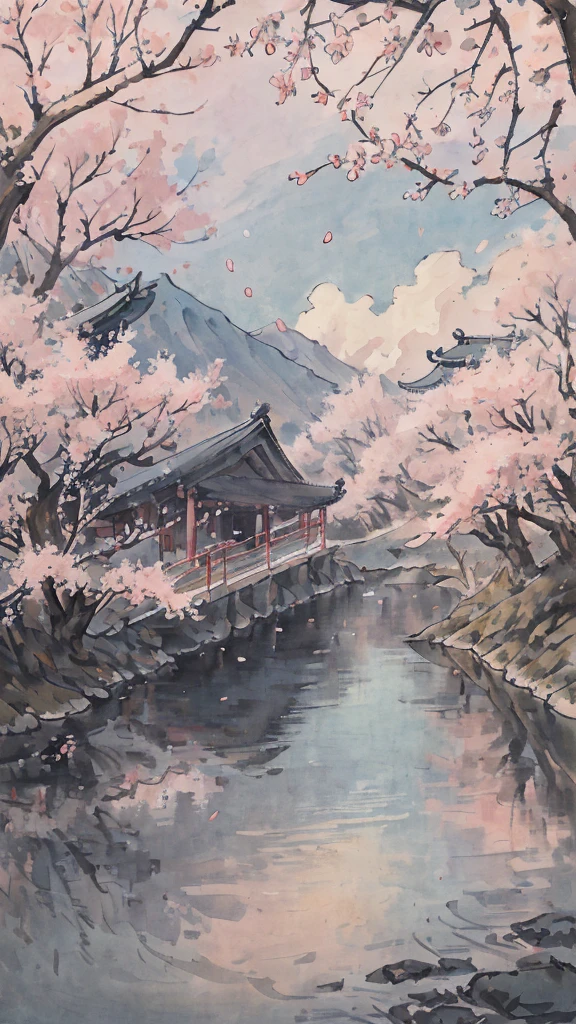 sailor suit、age girl、with paddle、soft lighting、more pale、black hairの、Floral,cherry blossomsのWind景, highest quality, masterpiece, very detailed, detailed background, anime, girl1名, 若いgirl, girl, SF, cherry blossoms, outdoor, morning, greenhouse, giant structure, Wind景, scenery, horizon, look up at the sky, Wind, look away, atmosphere lighting, focus only, close, From the side, Depth of written boundary,black hair,detailed face,walk on the road
