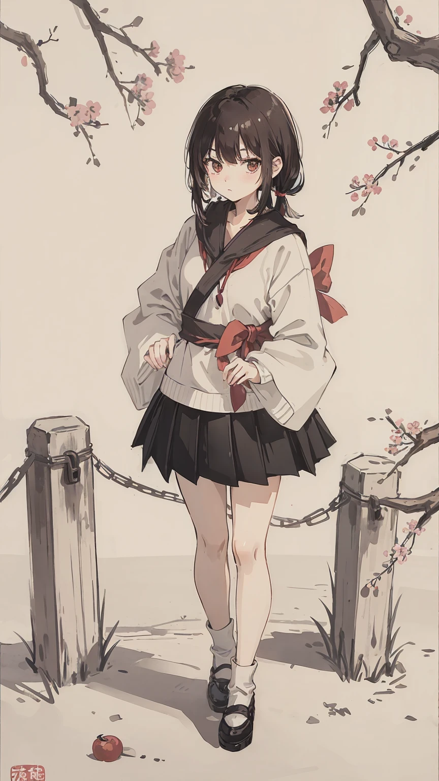 sparrow, black hair girl, wearing a sweater, black skirt, medium hair, headphone, because I'thin, teen, serious face, Japanese high school girl. She stands at the shrine,cherry blossoms,Looking up at the blue sky,cherry blossomsの街並みを歩く