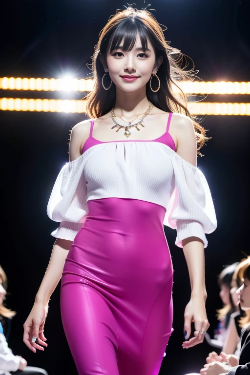 (8K resolution,Long-distance full-body photo,realistic wallpaper),(1 female,18 years old,(Rina Kuroki's facial features:1.6,Bone surface width,baby fat,delicate face),有Detailed face,(Exquisite Japanese makeup,Stage pop makeup),cute face,有Detailed face,Detailed face,Super fine makeup,black eyes,(look into the distance),Big wavy long hair,(through bangs,Double tail,messy hair,Messy and layered),red lips,fair and smooth skin,(Best skin type:1.21),medium breasts,(off shoulder white shirt,super short story:Polyester,Lycra cotton,elasticity),Large earrings,Fashion necklace,High heel),high and high,perfect hands,Ultra-fine clothing material),(stage performance,Exquisite stage details,(Show scene,Outdoor catwalk,Tokyo Fashion Show,neon lights,There were a lot of spectators in the audience,Model on the catwalk)),(excited,confident smile,rejoice),(Various stage lighting assistance,professional lighting,dynamic lighting),((Vibrant colors,reserved,grace,Lively,(White,Purple,blue,pink))),(golden section,movie shot,Hasselblad photos,masterpiece:1.3),(pure,Lovely,Sunny and lively,,lively,Fantasy and Magic,little woman,lead the trend,Street style,artist,art platform
