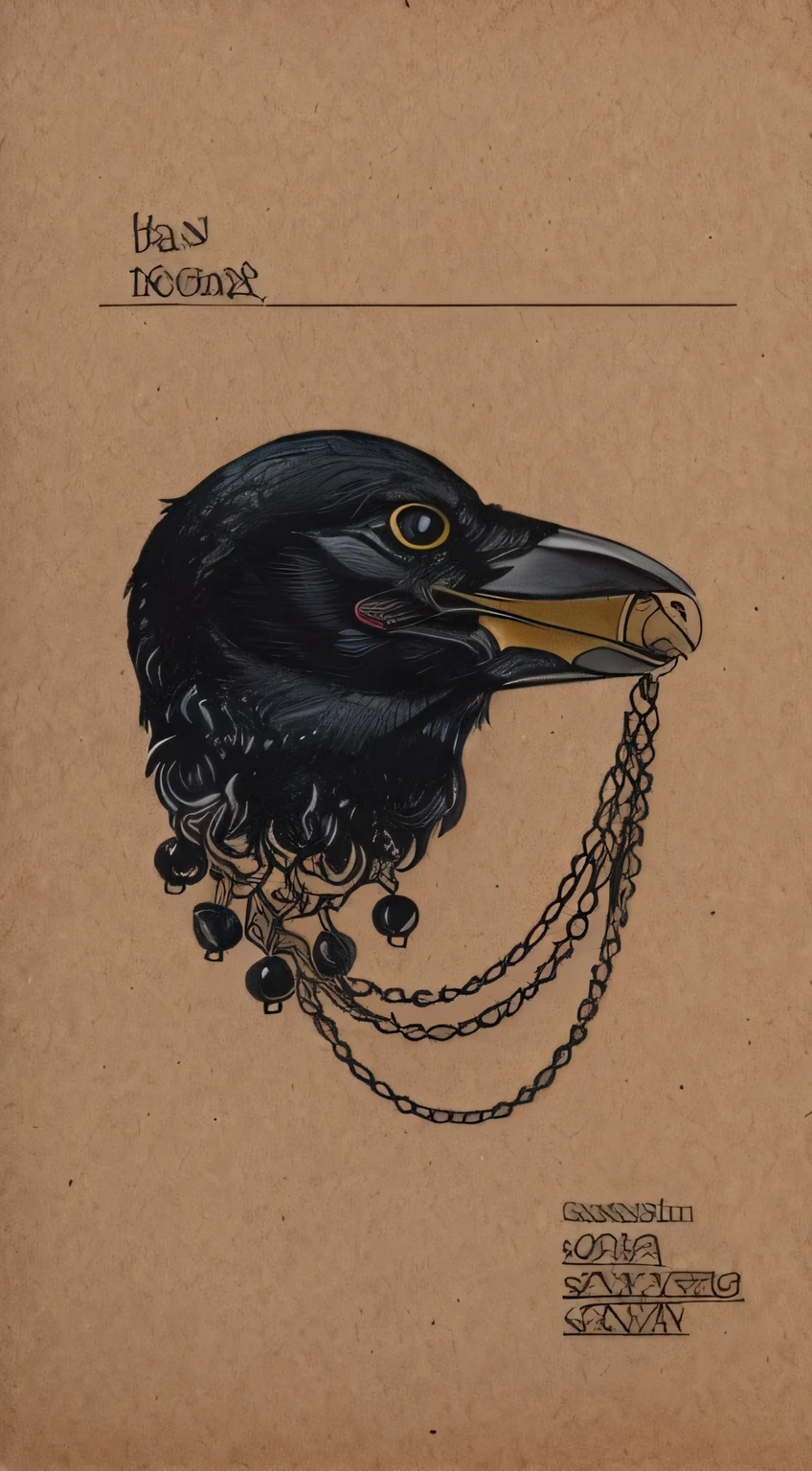 There is a black bird with a chain around its neck, crow head, portrait of plunder, detailed crow illustration, plunder, crow portrait!!!!!, Inspired by Gonzalo Endara Crow, Keizer Butcher, Ink illustration, crow, black ink illustration, artistic drawing of a crow, dark crow, plunder monster, plunder mask, author：Aya Goda