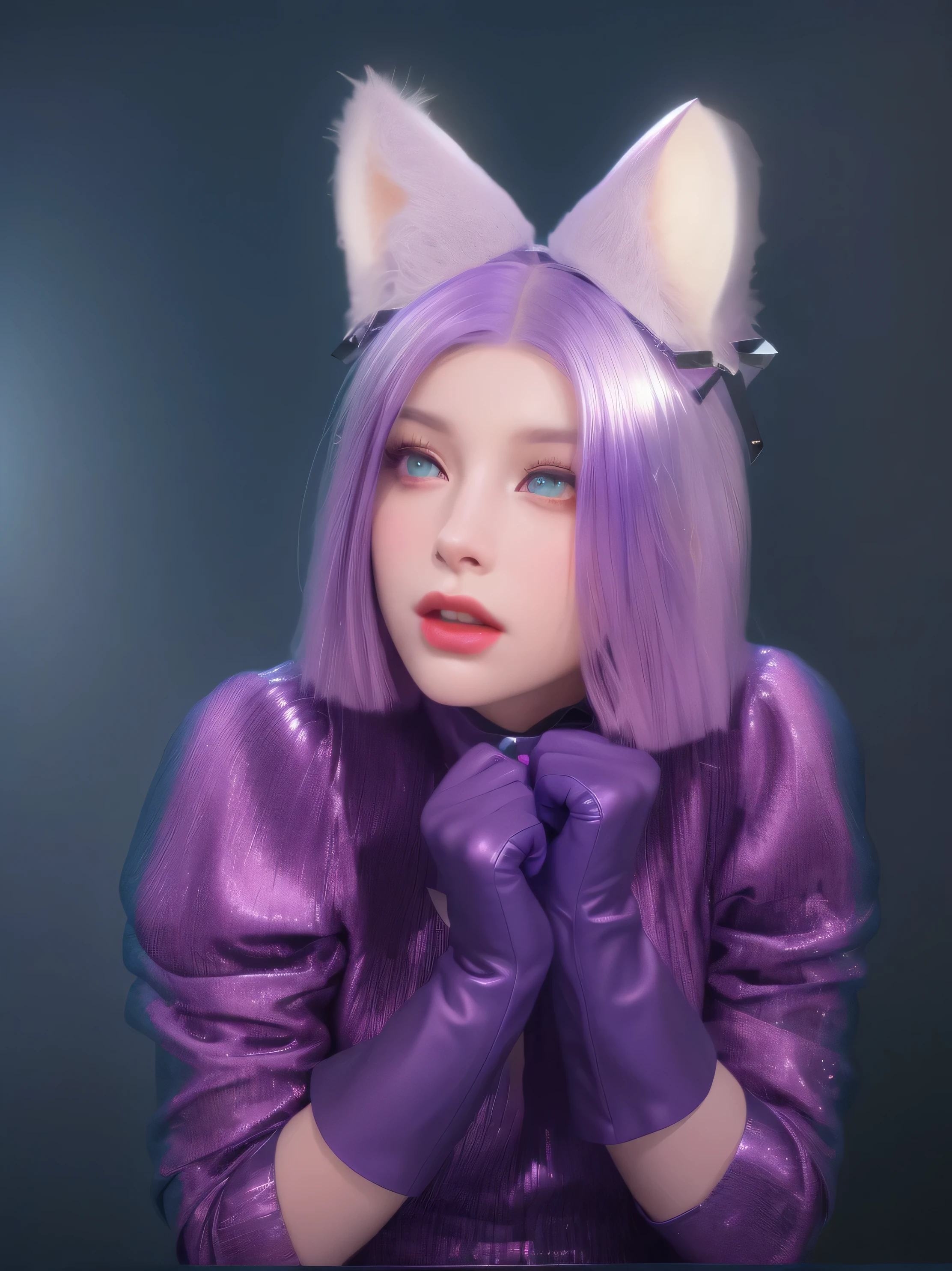 purple haired girl with purple gloves and a purple cat costume, purple cat, she is scared, headshot of young female furry,  woman with cat ears, girl with cat ears,  beautiful young catgirl,  anime cosplay, purple metal ears, cosplay photo, glossy texture, smooth 3d model, multiple light sources, rim light, sharp post effects render, (glossy plastic texture with multiple big light probe refractions), perfect cgi, smooth silhouette, high intensity refraction, (super glossy material), most beautiful vfx, blue background, plastic refractions, realistic, 4k, high resolution, rim light,  photo shoot, commercial photo,  profile shot, 4k, rim light, high resolution, 4k, glossy texture, smooth 3d model, multiple light sources, rim light, sharp post effects render, (glossy metallic texture with multiple big light probe refractions), perfect cgi, cgi art created only with gradients, smooth silhouette, high intensity refraction, (super glossy chrome material), most beautiful vfx, blue background, chrome metal refractions, multiple light sources, rim light, sharp post effects render, perfect cgi, digital art, detailed digital art, reflective, best quality, 4k, masterpiece:1.2, ultra-detailed, realistic, vivid colors, dark and moody lighting, The image of the highest quality, ensuring every detail showcased perfectly. It in 4k resolution, allowing viewers to immerse themselves in the richness of the colors and intricate details. The realistic rendering. under the spotlight, reflecting, high-resolution image, realistic rendering, dark background, and rim light photorealistic