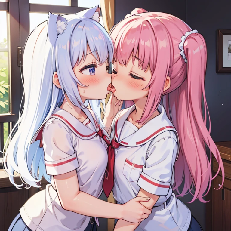 Nekomiya Nono,white underwear,Girls kissing with tongues,Drooling