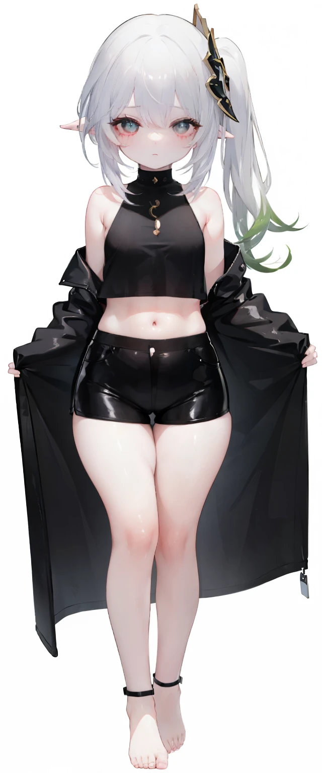 ,child,cute,black hair,thick thigh ,short leather pants,black mini camisole, thick thighs,flat chest,black color tank top,black mini camisole,crop top, Nahida, loli,child,flat chest,fullbody, thick thighs, blushing,loli,child, standing straight, head to toe capture on the frame,loli,,loli toes,bare feet,, ,white background, cute,open abdomen,perfect body ratio, body ratio, white background, front facing, looking at viewer, ,, baby girl,small girl