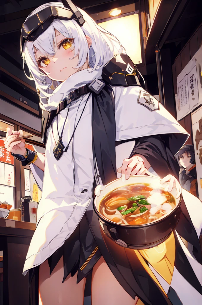 1girl,upper body,nikkesw,yellow eyes, white hair, long hair, headgear, mechanical boots, cloak, bare legs, single pauldron,Chinese restaurant,counter,eat ramen,close mouth,(expressionless),(steam:1.3),(Holding chopsticks),Donburi,top-quality,Top image quality,perfect anatomy,masterpiece,ultra-detailliert,Beautiful,ultra-quality, best quality,high resolution, ultra-detailed,game cg,dutch angle ,beautiful detailed eyes,visualart,five fingers, perfect hands, perfect lighting,