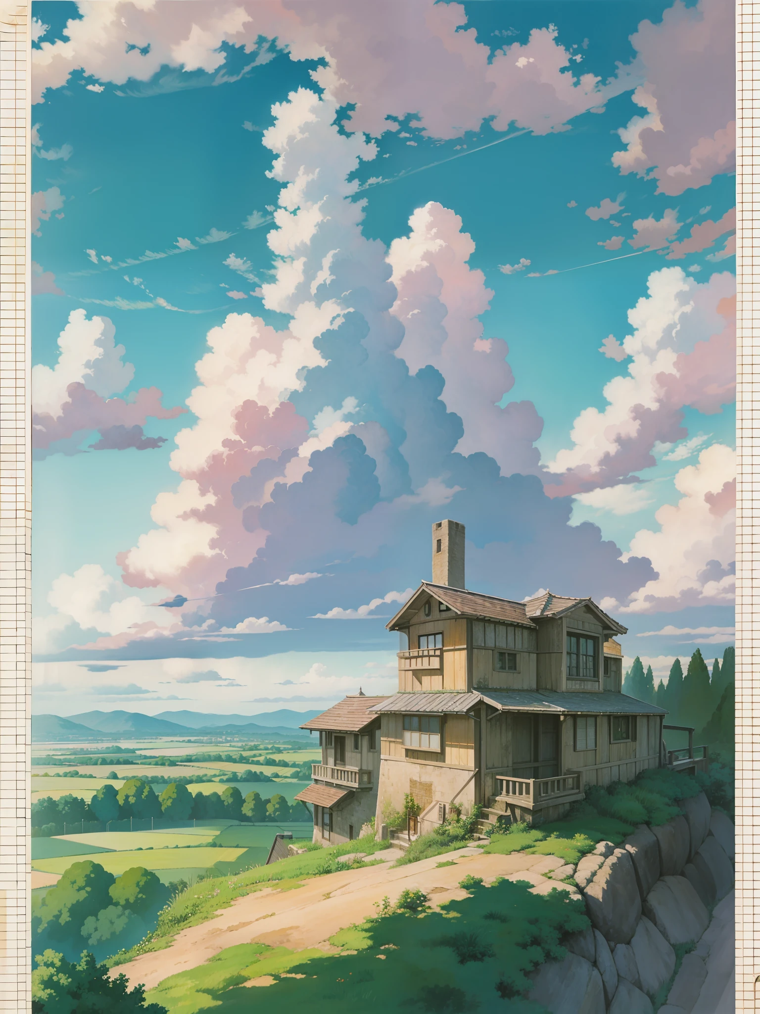 animesque、Skyscape with clouds、Landscape without buildings、You can see the touch of the brush、Studio Ghibli、Ghibli、a sultry、Scenery、Style、sky line