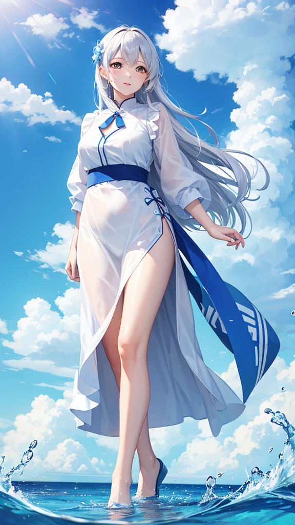 A woman,Mature,cute,pretty,white,blue,Colorful,cloud,flower,water,部分water下
