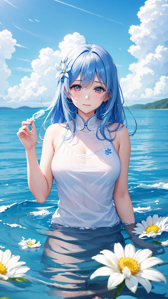 A woman，Mature，cute，pretty，white，blue，Colorful，cloud，flower，water，部分water下
