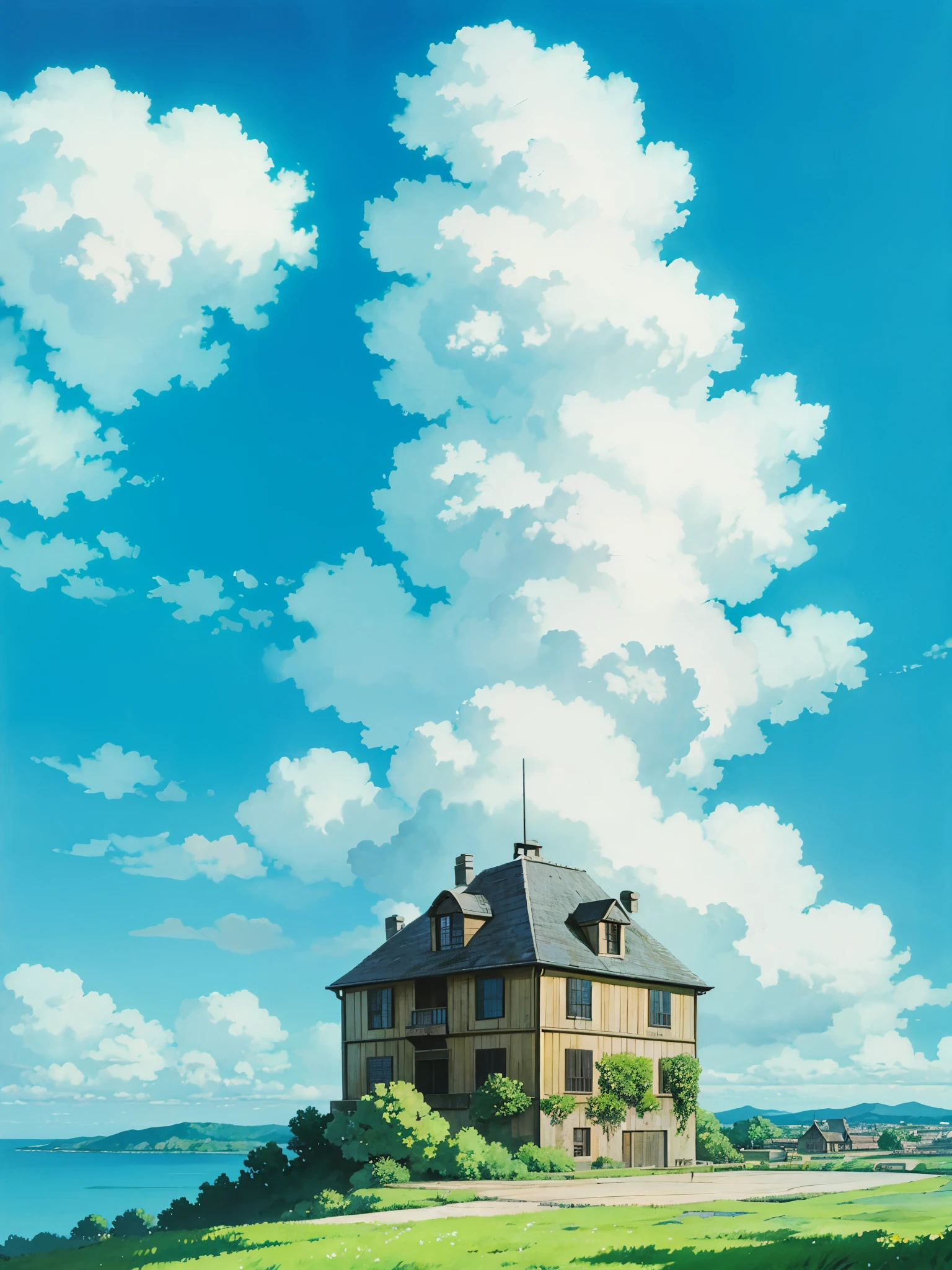 animesque、Skyscape with clouds、Landscape without buildings、You can see the touch of the brush、Studio Ghibli、Ghibli、a sultry、Scenery、Style、sky line