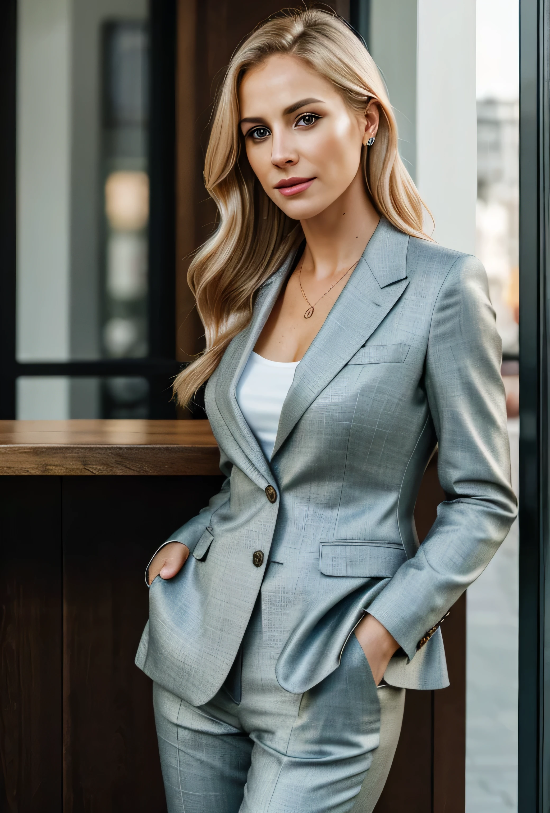 Mature woman, 30 years old, blonde hair, European woman, fully dressed, wearing a suit, full body in picture, multiple views, zoom out, serious, beautiful, cool, realistic hair, green eyes, discreet pose, european eyes, medium construction, medium round ass, beautiful clothes, outside, bar on cover, masterpiece, ultra high res, (photorealistic: 1.4), raw photo, ultra realistic, detailed background, refined, detailed, realistic face, detailed face, realistic skin, (RAW photo, best quality), extremely detailed, CG, unit, amazing, fine details, light smile, extremely detailed CG 8k wallpaper unit, huge file size, ultra-detailed, highres, absurdres, soft light, half body, photo without background