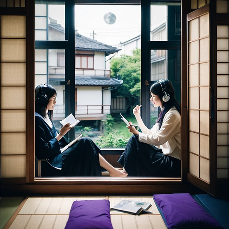Two Japanese women sitting by the window black hair One person is taking notes in a notebook using shortcuts The other one has long hair、listening to music with white headphones Outside the window, I can see the moon and the stars. Purple butterfly in the room々There are seven flying There is a piano and books in the room. ribbon camisole smile