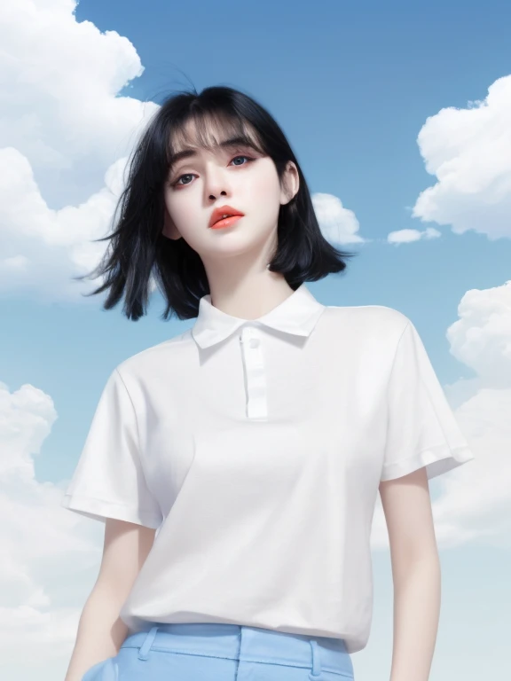 Half-length short-haired beauty white T-shirt black hair big eyes delicate facial features HD blue sky and white clouds background 