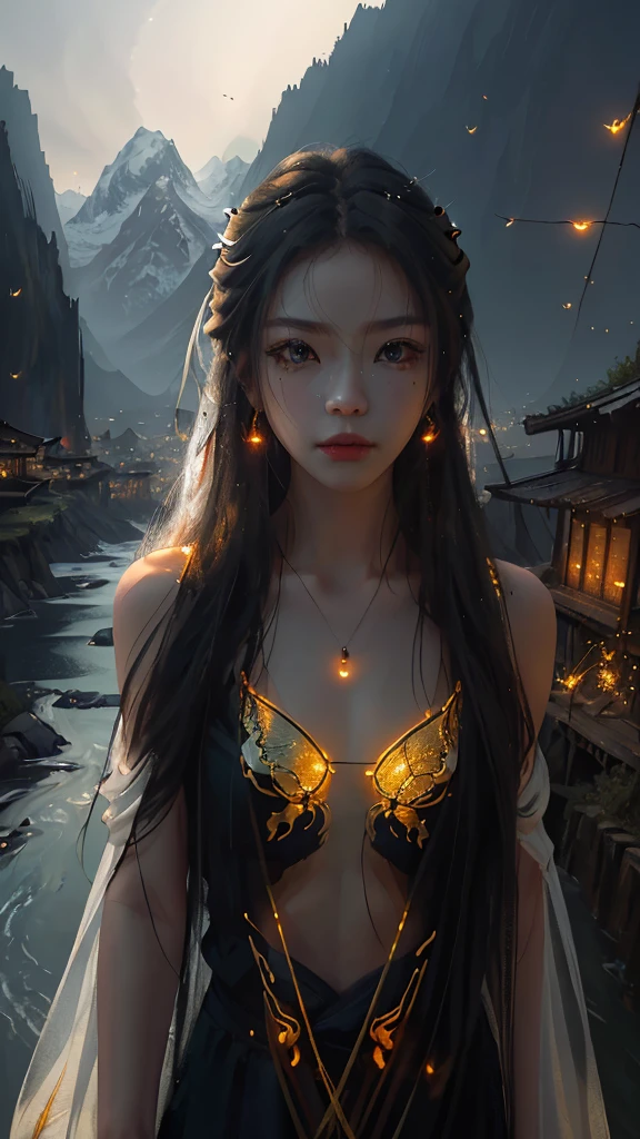 best quality, masterpiece, highres,
1girl, Detailed face, (Upper body:1.6), Cyber cities, mountains and rivers, night, firefly lights, Realistic, rich in detail, (White hanfu:1.2), (beautiful body:1.4),