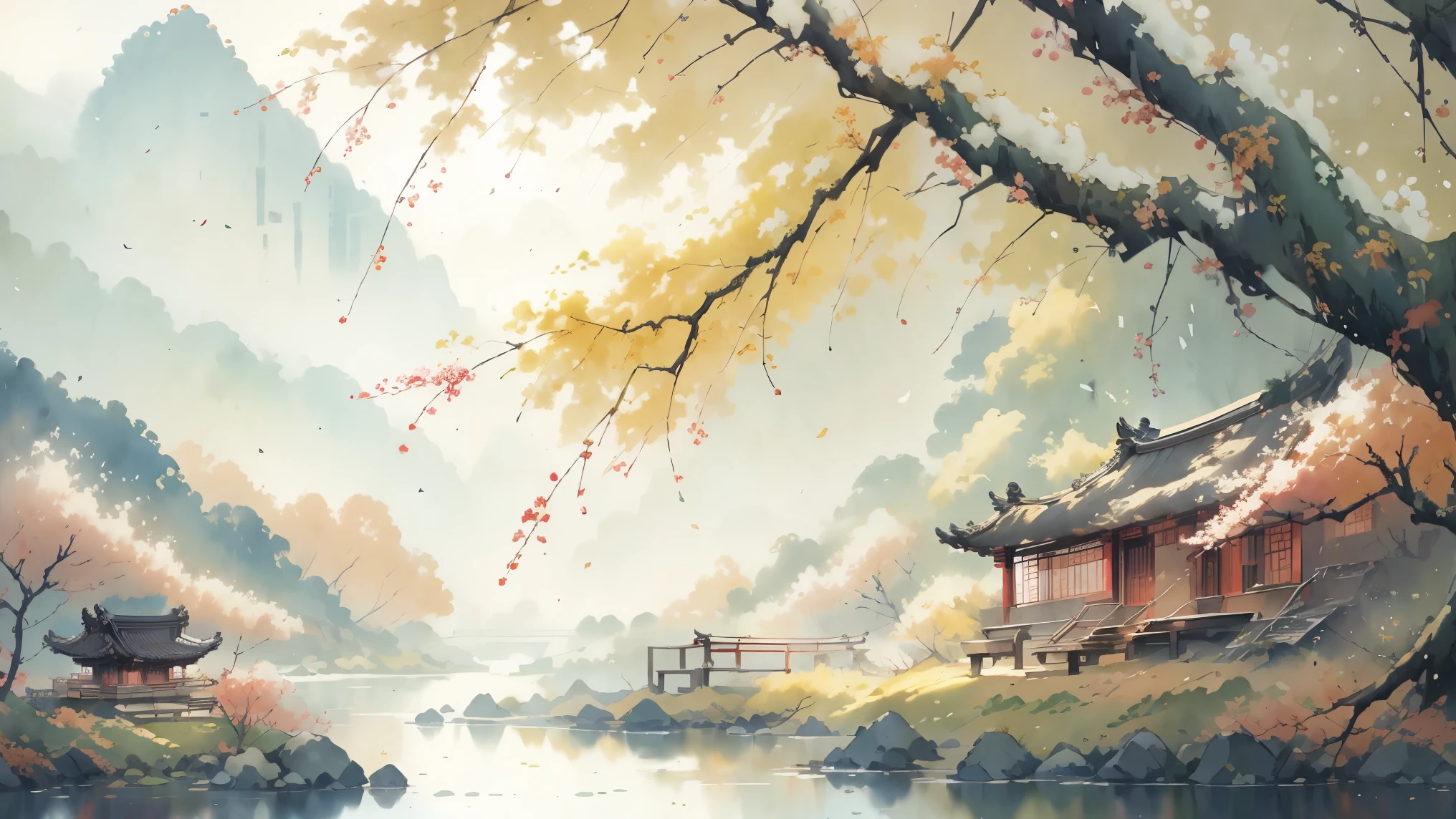 ancient style illustration chinese watercolor landscape painting watercolor river maple leaves autumn chinese landscape bare tree branches day flowers and leaves no humans outdoors overgrown plants landscape tree maple water, masterpiece, recent quality, best details, beauty