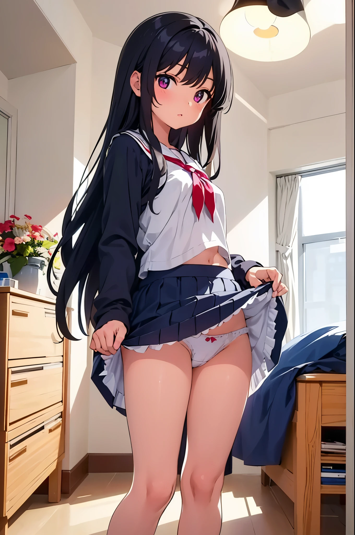 girl&#39;s room　elementary school girl　8-year-old　flat chest　black hair　long hair　eyes are purple　（（1 person））　Upper body white long sleeve blouse　Lower body navy blue miniskirt　lift up the skirt（（White panties are visible））　barefoot　standing in the room　I can see white panties　dynamic angle　Low angle from the front