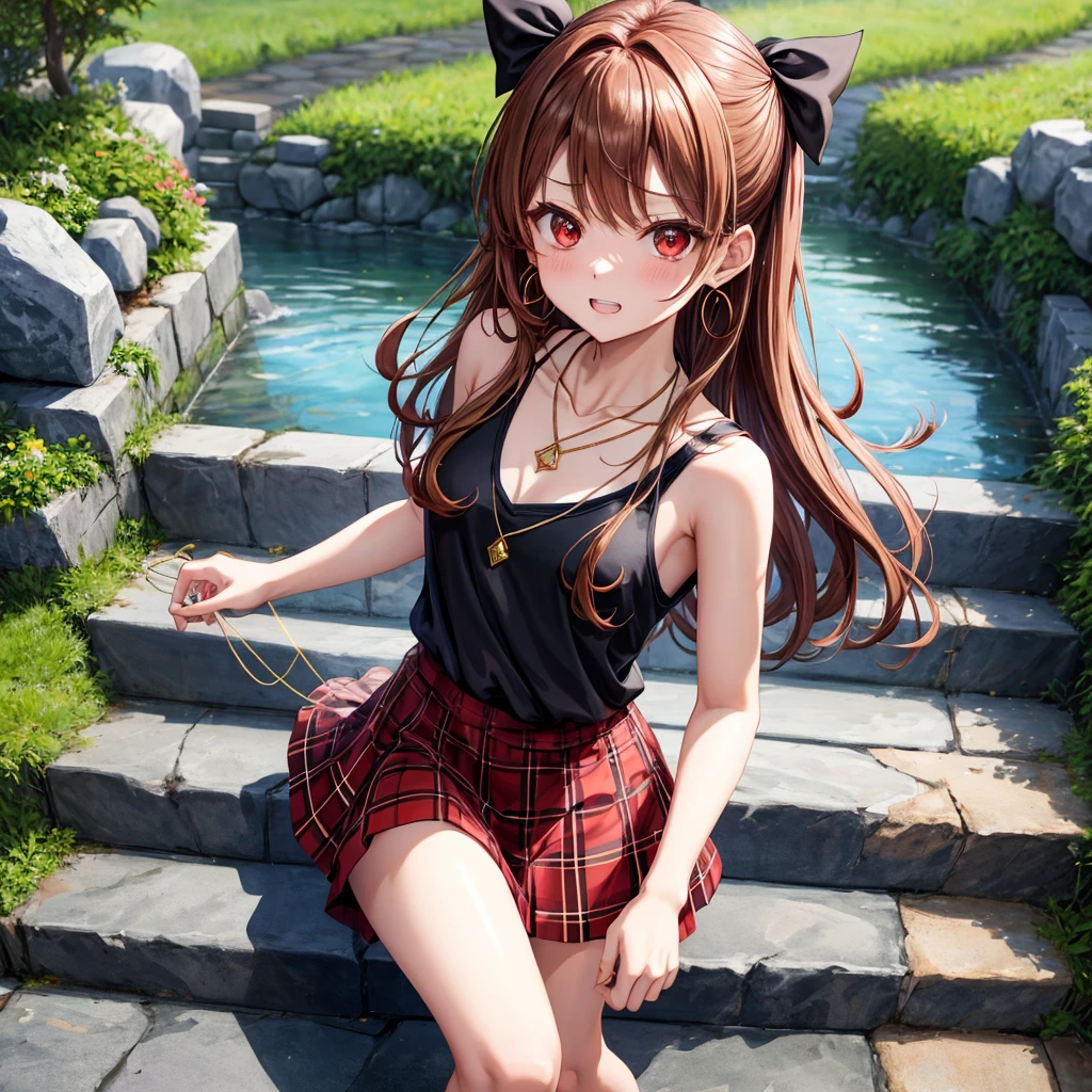reddish-brown golden hair、red eyes、one good looking girl、solo、anime、plaid mini skirt、black camisole、black t-shirt、hoodie、wearing a ribbon、ribbon at waist、crystal earrings、Gemstone Necklace、Light and shadow、Tilting face、teeth are visible、pillar、evil looking face、Kuroko、Diamond dust、grassland、Water running down the stairs、overflowing、Ants are walking、sulking、is increasing