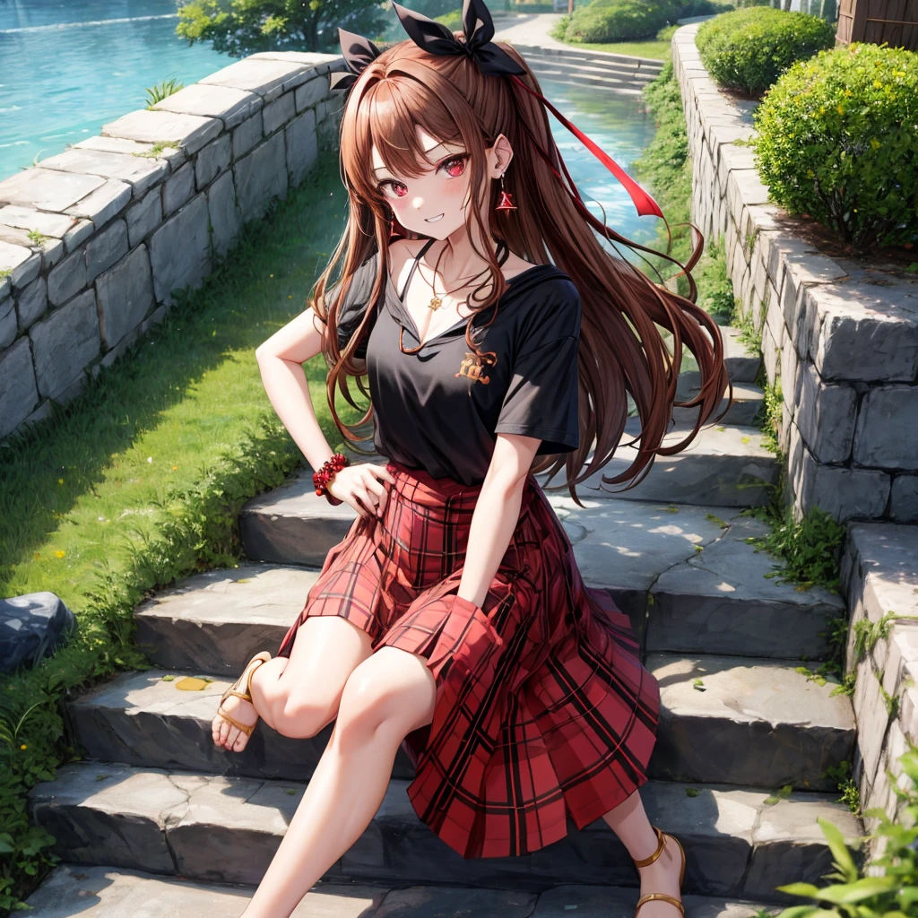 reddish-brown golden hair、red eyes、one good looking girl、solo、anime、plaid mini skirt、black camisole、black t-shirt、hoodie、wearing a ribbon、ribbon at waist、crystal earrings、Gemstone Necklace、Light and shadow、Tilting face、teeth are visible、pillar、evil looking face、Kuroko、Diamond dust、grassland、Water running down the stairs、overflowing、Ants are walking、sulking、is increasing