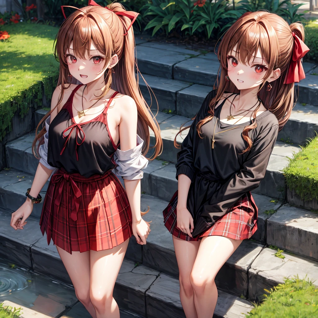 reddish-brown golden hair、red eyes、one good looking girl、solo、anime、plaid mini skirt、black camisole、black t-shirt、hoodie、wearing a ribbon、ribbon at waist、crystal earrings、Gemstone Necklace、Light and shadow、Tilting face、teeth are visible、pillar、evil looking face、Kuroko、Diamond dust、grassland、Water running down the stairs、overflowing、Ants are walking、sulking、is increasing