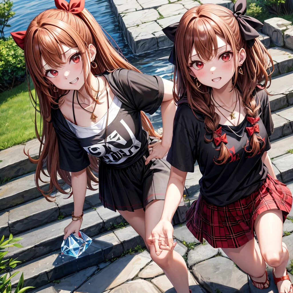 reddish-brown golden hair、red eyes、one good looking girl、solo、anime、plaid mini skirt、black camisole、black t-shirt、hoodie、wearing a ribbon、ribbon at waist、crystal earrings、Gemstone Necklace、Light and shadow、Tilting face、teeth are visible、pillar、evil looking face、Kuroko、Diamond dust、grassland、Water running down the stairs、overflowing、Ants are walking、sulking、is increasing
