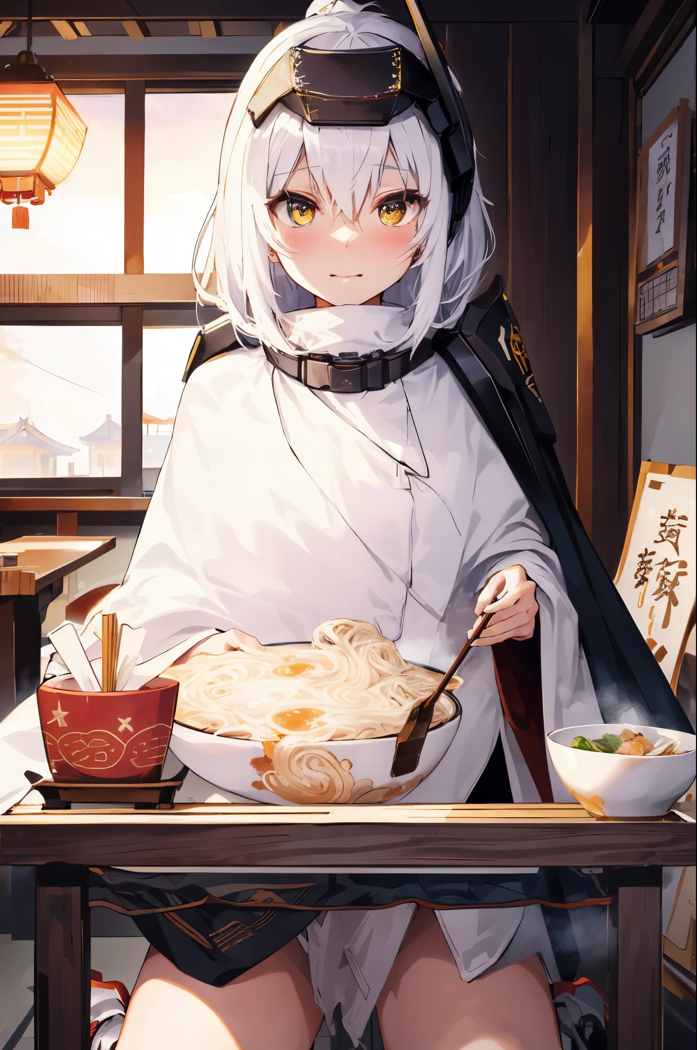 upper body,nikkesw,yellow eyes, white hair, long hair, headgear, mechanical boots, cloak, bare legs, single pauldron,Chinese restaurant,counter,eat ramen,blush,close mouth,(orgasm:1.3),steam,(Holding chopsticks),Donburi,top-quality,Top image quality,perfect anatomy,masterpiece,ultra-detailliert,Beautiful,ultra-quality, best quality,high resolution, ultra-detailed,game cg,dutch angle ,beautiful detailed eyes,visualart,five fingers, perfect hands, perfect lighting,