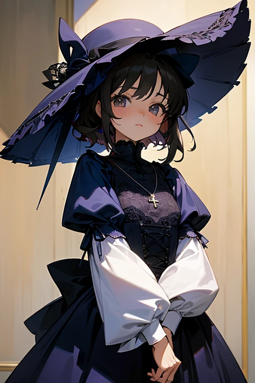 Highest image quality、highest quality、最高masterpiece、masterpiece、Akina Nakamori、Navy blue lace dress、13 years old、Beautiful woman、sexy、White cross necklace on chest、gothic style、miniature small hat、Sharp and cute、Beautiful woman、Upper grade、sexyポーズ、