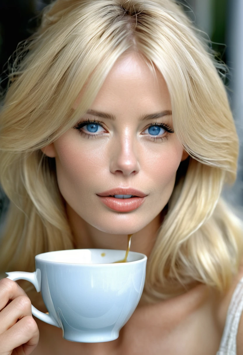 ((best quality)), ((masterpiece)), (detailed), perfect face, Claudia Schiffer,25 years old, portrait, cafe, perfect face, ultradetailed, hyperrealistic, drinking, perfect blue eyes, her real face, light blond hair, not cartoon, not animation, masterpiece, natural, very natural, photo, A professional photographer shot with a good Canon or Nikon,