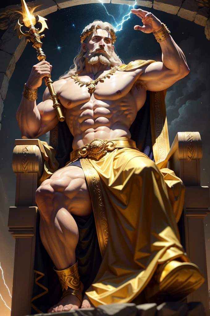 God Zeus, the mighty and powerful king, sits majestically on his ornate throne high above the clouds in Olympus. Surrounding him are his esteemed subjects, the gods and goddesses of Greek mythology. Zeus's piercing, eagle-eyed gaze radiates wisdom and authority. He wears a flowing toga draped over his muscular form, and in one hand, he holds a sceptor topped with an olive wreath, a symbol of his rule. In the other hand, he holds a thunderbolt, a reminder of his formidable power. The heavens are illuminated by a soft, golden light emanating from Zeus, casting an