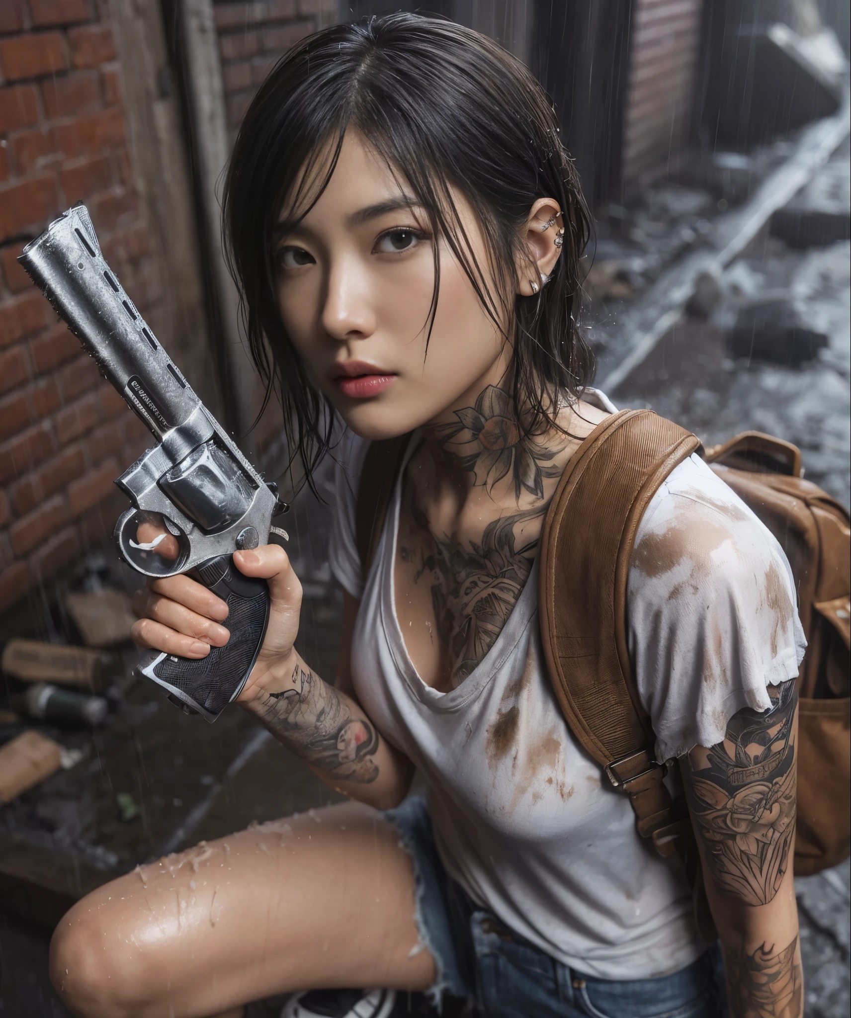 8K,realistic photo、realistic skin texture、A beautiful Japanese woman living in America&He turns around holding a Wesson M442 compact revolver.、Dirty and torn oversizedTshirt、baseball cap、Dirty high-top Vans sneakers、Holding a skateboard in one hand、It's raining and your clothes are wet、A town in chaos、face、moving action pose、cool composition、tattoo