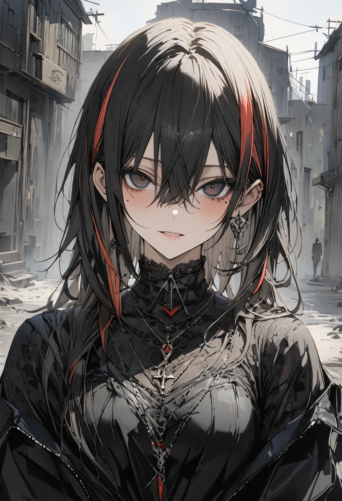 1girl, streaked hair, black hair, hair between eyes, mole under eye, blank eyes, high detail, Conceptual art, anime, Gothic art, masterpiece, super detail, high details, high quality, best quality