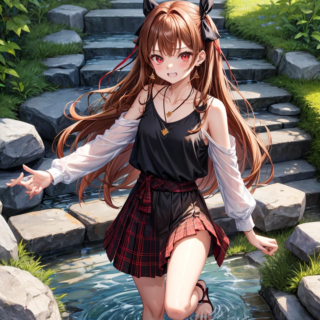 reddish-brown golden hair、red eyes、one good looking girl、solo、anime、plaid mini skirt、black camisole、black t-shirt、hoodie、wearing a ribbon、ribbon at waist、crystal earrings、Gemstone Necklace、Light and shadow、Tilting face、teeth are visible、pillar、evil looking face、Kuroko、Diamond dust、grassland、Water running down the stairs、overflowing、Ants are walking、sulking、is increasing