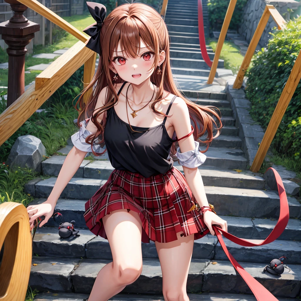 reddish-brown golden hair、red eyes、one good looking girl、solo、anime、plaid mini skirt、black camisole、black t-shirt、hoodie、wearing a ribbon、ribbon at waist、crystal earrings、Gemstone Necklace、Light and shadow、Tilting face、teeth are visible、pillar、evil looking face、Kuroko、Diamond dust、grassland、Water running down the stairs、overflowing、Ants are walking、sulking、is increasing