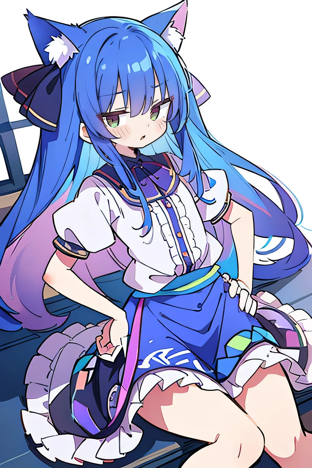(Masterpiece), best quality, expressive eyes, perfect face, 1girl,
Put your hands on your waist, fair, gorgeous, Japanese comics, girl, Lola, young angel, blue hair, blue hair, flowing clothes, hug the waist, hug the waist, hands on hips, hands on hips, lay down , lying on the ground, legs on the ground, flat chest, cat ears