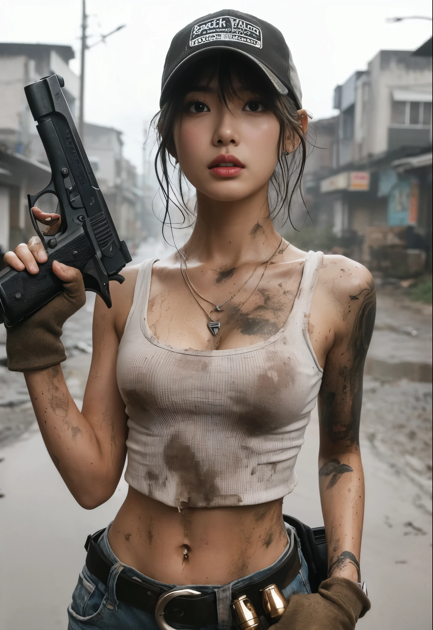8K,realistic photo、realistic skin texture、A beautiful Japanese woman living in America&He turns around holding a Wesson M442 compact revolver.、Dirty and torn oversizedTshirt、baseball cap、Dirty high-top Vans sneakers、Holding a skateboard in one hand、It's raining and your clothes are wet、A town in chaos、face、moving action pose、cool composition、tattoo