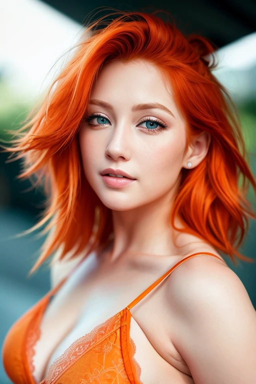 arafed woman with orange  hair and blue eyes posing for a picture,  shot 8 k, attractive features,  a beautiful woman, orange glowing hair, beautiful woman,

wearing a sexy tight lingerie, waist up pose , facing front to camera , various shot angle 