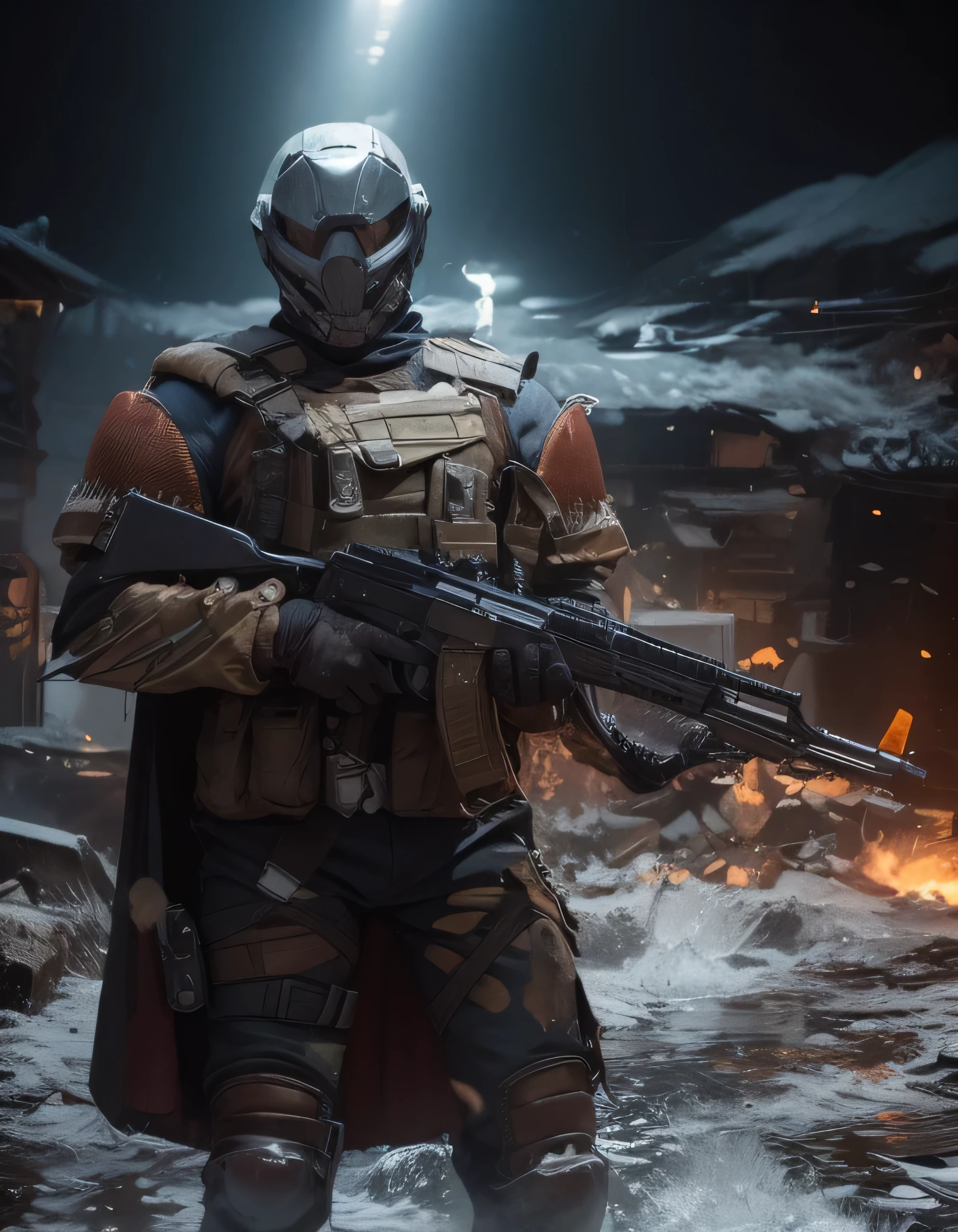 a man in a helmet and uniform holding a rifle, dressed in tactical armor, With a black cape, three throwing knives holstered on his arm, Pistol holstered on his leg(Best quality, 4k, Masterpiece :1.3), Cyberpunk, Background, Sci-fi rifle 