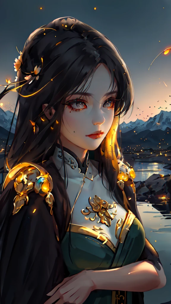 best quality, masterpiece, highres,
1girl, Detailed face, (Upper body:1.6), Cyber cities, mountains and rivers, night, firefly lights, Realistic, rich in detail, (White hanfu:1.2), (beautiful body:1.4),