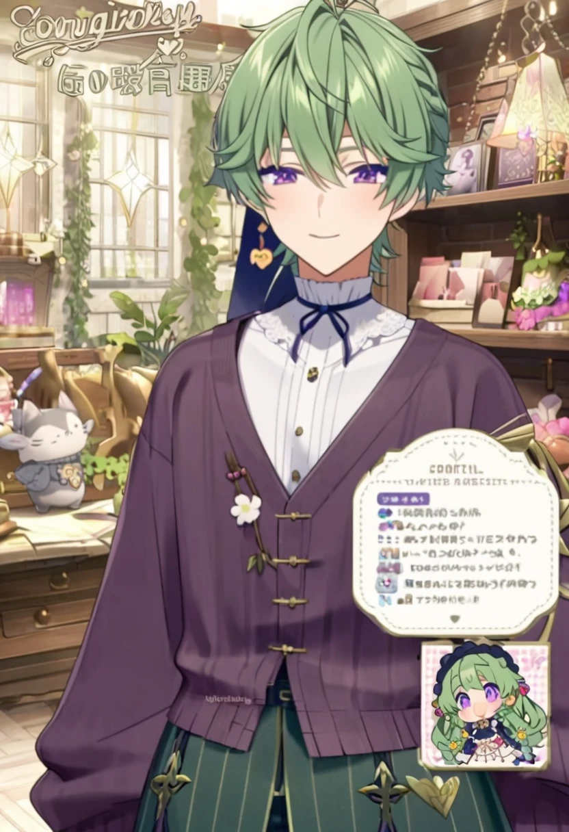 Anime male with olive green hair, detailed purple eyes, and Wearing a dark purple loose cardigan and white shirt. Cottagecore vibes, with a touch of whimsy and charm. Handsome boy. Vtuber design with a meticulously crafted outfit.