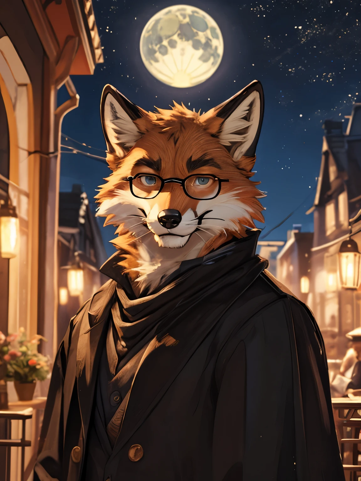 solo furry, nick wilde, bust portrait, sherlock holmes, [side view::0.1] three-quarter view, high-angle view, looking away, crossed arms, deerstalker hat, detective Inverness cape smokeing pipe, BREAK, masterpiece, best quality, high quality, zootopia, (by Sokura \(Mochichitose\), by Haku \(Sabosoda\), bokeh:1.25), detailed background, detailed foreground, depth of field, backlighting, brown theme, sun light, night, [:raining, england, street light, bridge, factory, tower, leaf, plant:0.1]