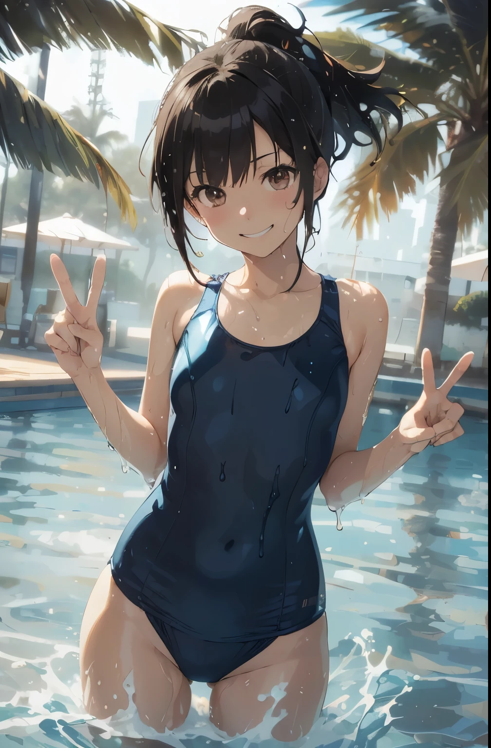 (masutepiece:1.2), (Best Quality:1.1), (hyper detailed illustration)，(beautiful artwork)， Teenager girl, 1girl, (School Swimsuit:1.3), onepiece swimsuit, Outdoors, Long hair, Wet, Covered navel, Water, Black hair, (Big smile)， Brown eyes, day, Small bust, Bangs, (Wet:1.1)，(Water splash:1.1)，Facing，(straggling hair)，Ponytail，The swimsuit is wet，(Lens Flare)，(Tsurime)，(Sweat)，(Bokeh:1.2)，(brown eyes)，cowboy shot，(evil smile)，(NAVY BLUE school-swimsuit:1.3)，sandy beach，contrapposto，twist waist，, navy-blue school-swimwear，brown eyes，black hair，dynamic pose，peace Sign，(big smile)，