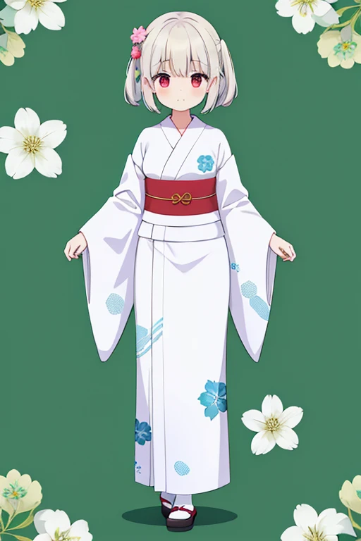 1girl ,yukata white　No pattern,yukionnna,green background,blue hear,full body,red eye