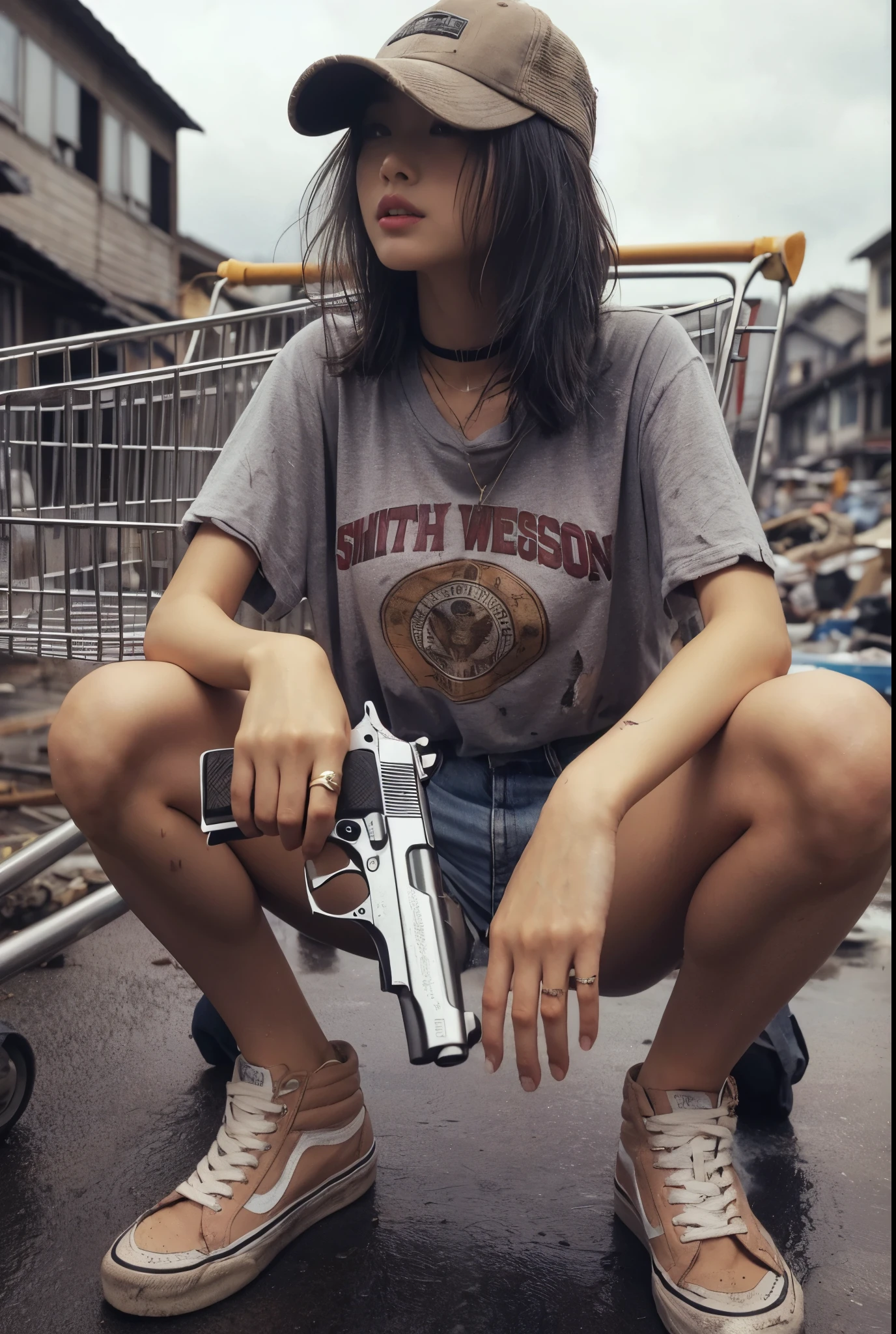 8K,realistic photo、realistic skin texture、A beautiful Japanese woman living in America&He turns around holding a Wesson M442 compact revolver.、Dirty and torn oversizedTshirt、baseball cap、Dirty high-top Vans sneakers、Holding a skateboard in one hand、It's raining and your clothes are wet、A town in chaos、face、moving action pose、cool composition、tattoo