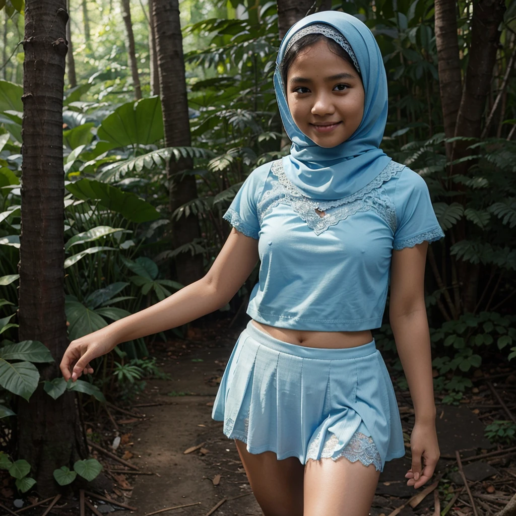 A Indonesian woman in light blue hijab, wearing very short light blue lace tight t-shirt, wearing very short see-through light blue lace skirt, skirtlift, villager, poor woman, darker skin, curvier body, short body, small breasts, flat-chested, smiling and standing in a dark forest, look to the viewer with eye close