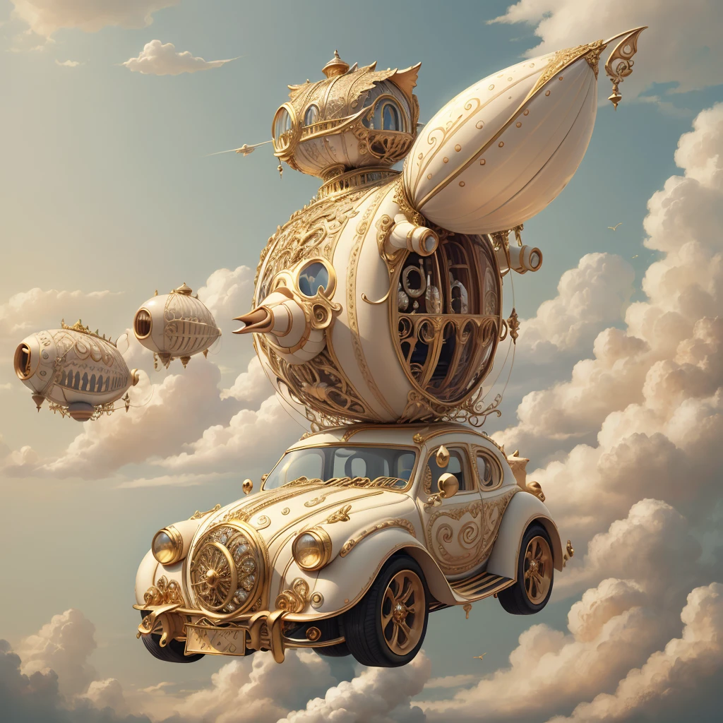 IvoryGoldAI dirigible in skies, cute car.