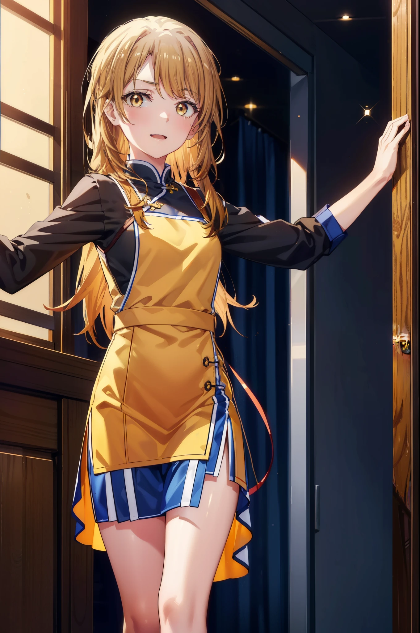 irohaisshiki, iroha isshiki, long hair,brown hair,, (brown eyes:1.5), happy smile, smile, open your mouth,No sleeve,yellow cheongsam clothes,Yellow long slit,Fishnet pantyhose,stiletto heels,whole bodyがイラストに入るように,
break indoors, Chinese Restaurant,
break looking at viewer,whole body,(cowboy shot:1.5),
break (masterpiece:1.2), highest quality, High resolution, unity 8k wallpaper, (shape:0.8), (fine and beautiful eyes:1.6), highly detailed face, perfect lighting, Very detailed CG, (perfect hands, perfect anatomy),