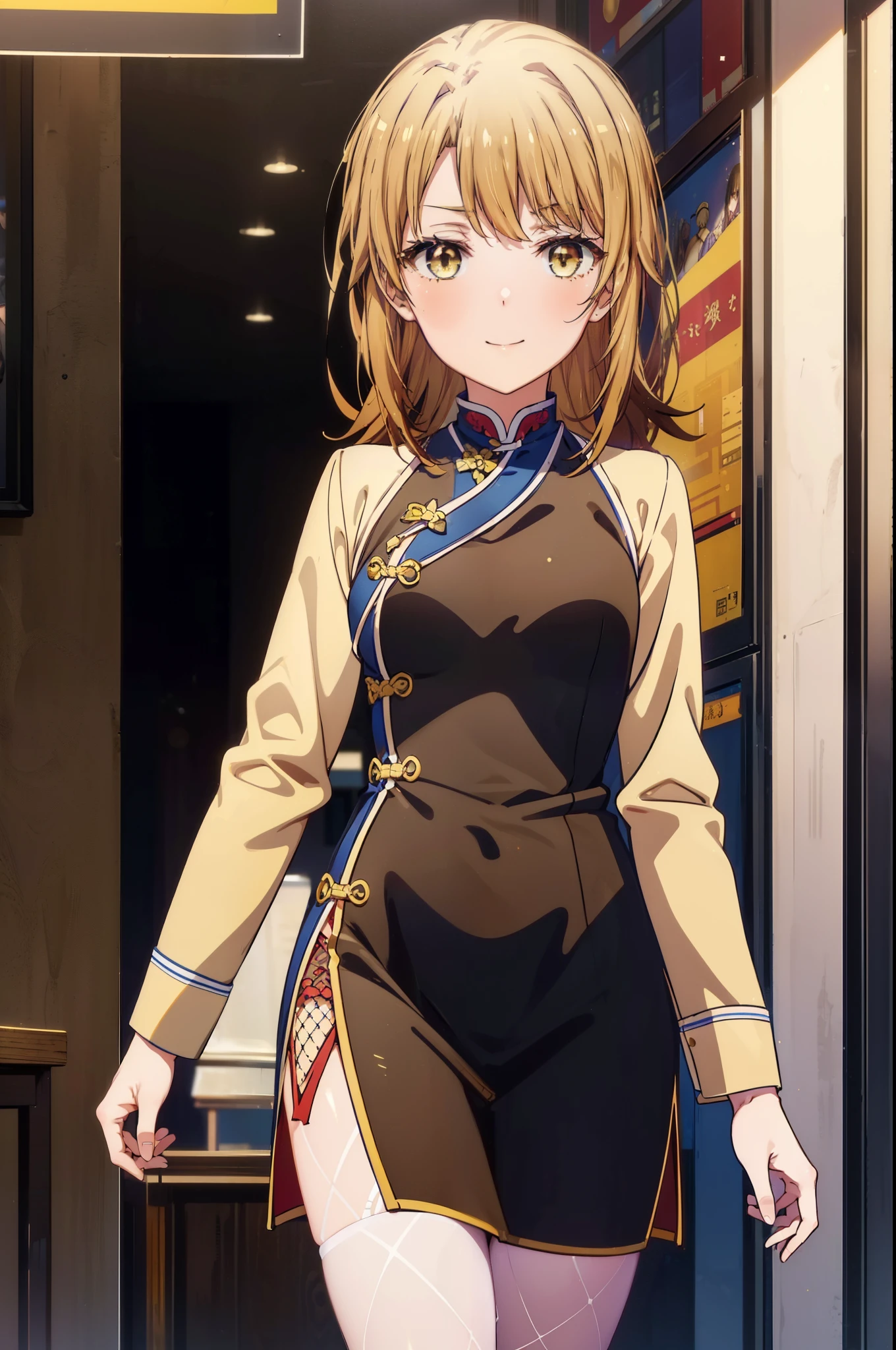 irohaisshiki, iroha isshiki, long hair,brown hair,, (brown eyes:1.5), happy smile, smile, open your mouth,No sleeve,yellow cheongsam clothes,Yellow long slit,Fishnet pantyhose,stiletto heels,whole bodyがイラストに入るように,
break indoors, Chinese Restaurant,
break looking at viewer,whole body,(cowboy shot:1.5),
break (masterpiece:1.2), highest quality, High resolution, unity 8k wallpaper, (shape:0.8), (fine and beautiful eyes:1.6), highly detailed face, perfect lighting, Very detailed CG, (perfect hands, perfect anatomy),