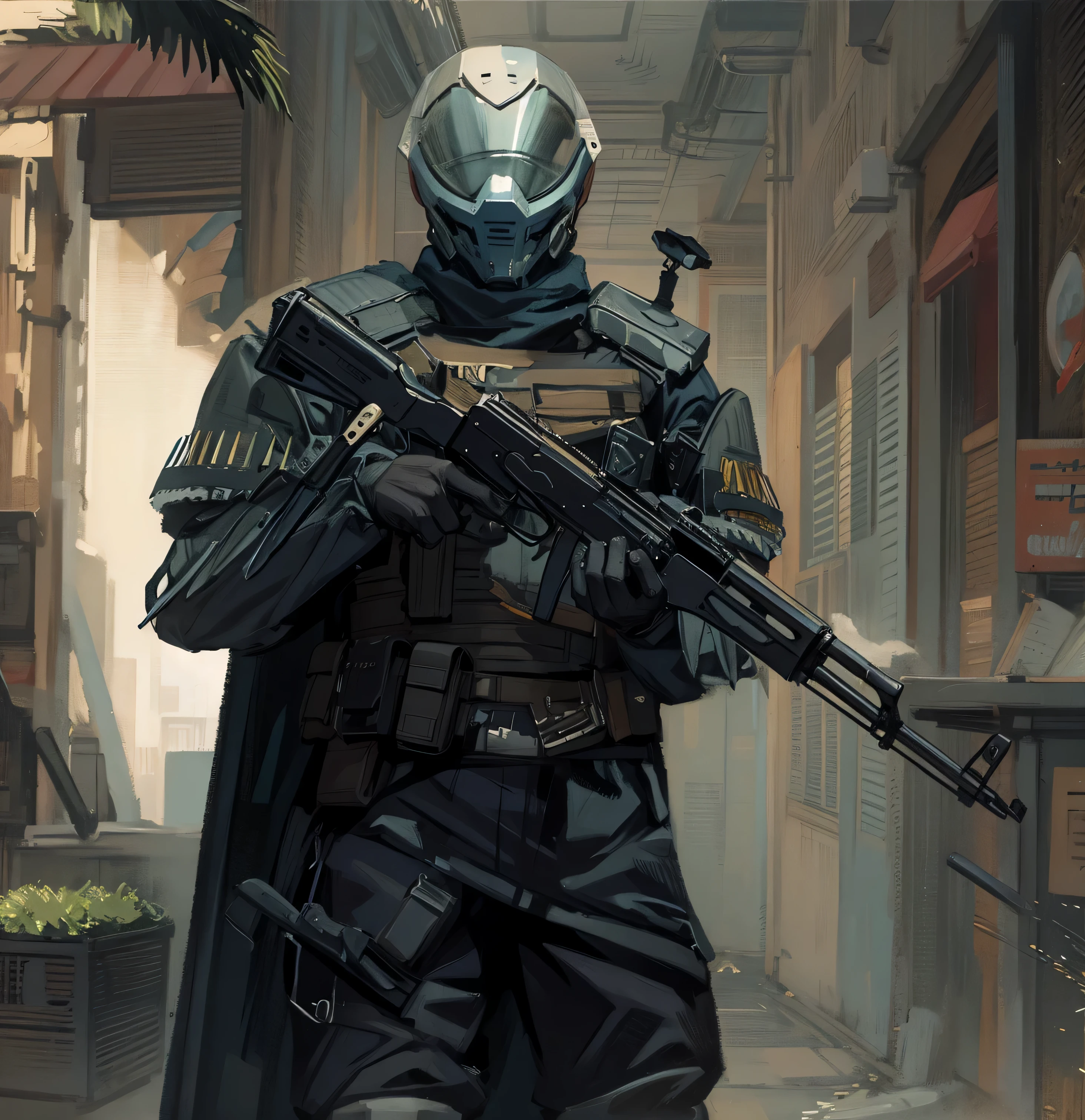 a man in a helmet and uniform holding a rifle, dressed in tactical armor, With a black cape, three throwing knives holstered on his arm, Pistol holstered on his leg(Best quality, 4k, Masterpiece :1.3), Cyberpunk, Background, Sci-fi rifle 