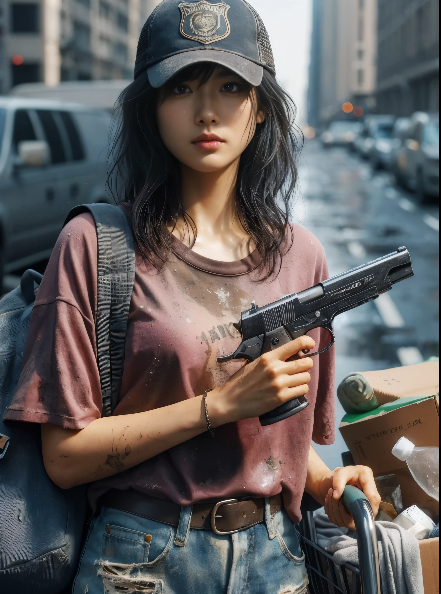 8K,realistic photo、realistic skin texture、A beautiful Japanese woman living in America&He turns around holding a Wesson M442 compact revolver.、Dirty and torn oversizedTshirt、baseball cap、Dirty high-top Vans sneakers、Holding a skateboard in one hand、It's raining and your clothes are wet、A town in chaos、face、moving action pose、cool composition、tattoo