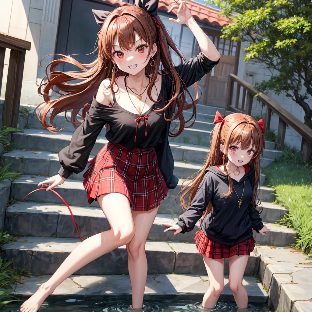 reddish-brown golden hair、red eyes、one good looking girl、solo、anime、plaid mini skirt、black camisole、black t-shirt、hoodie、wearing a ribbon、ribbon at waist、crystal earrings、Gemstone Necklace、Light and shadow、Tilting face、teeth are visible、pillar、evil looking face、Kuroko、Diamond dust、grassland、Water running down the stairs、overflowing、Ants are walking、sulking、is increasing