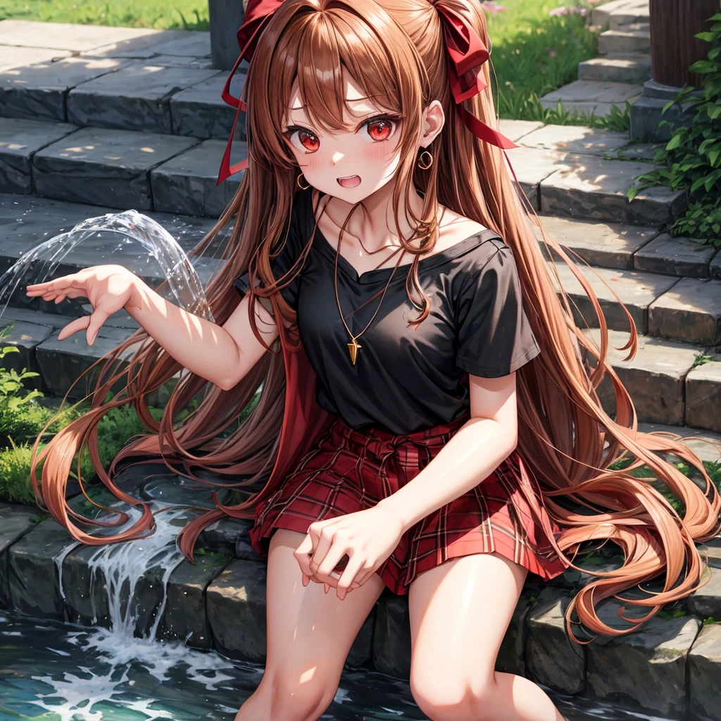 reddish-brown golden hair、red eyes、one good looking girl、solo、anime、plaid mini skirt、black camisole、black t-shirt、hoodie、wearing a ribbon、ribbon at waist、crystal earrings、Gemstone Necklace、Light and shadow、Tilting face、teeth are visible、pillar、evil looking face、Kuroko、Diamond dust、grassland、Water running down the stairs、overflowing、Ants are walking、sulking、is increasing