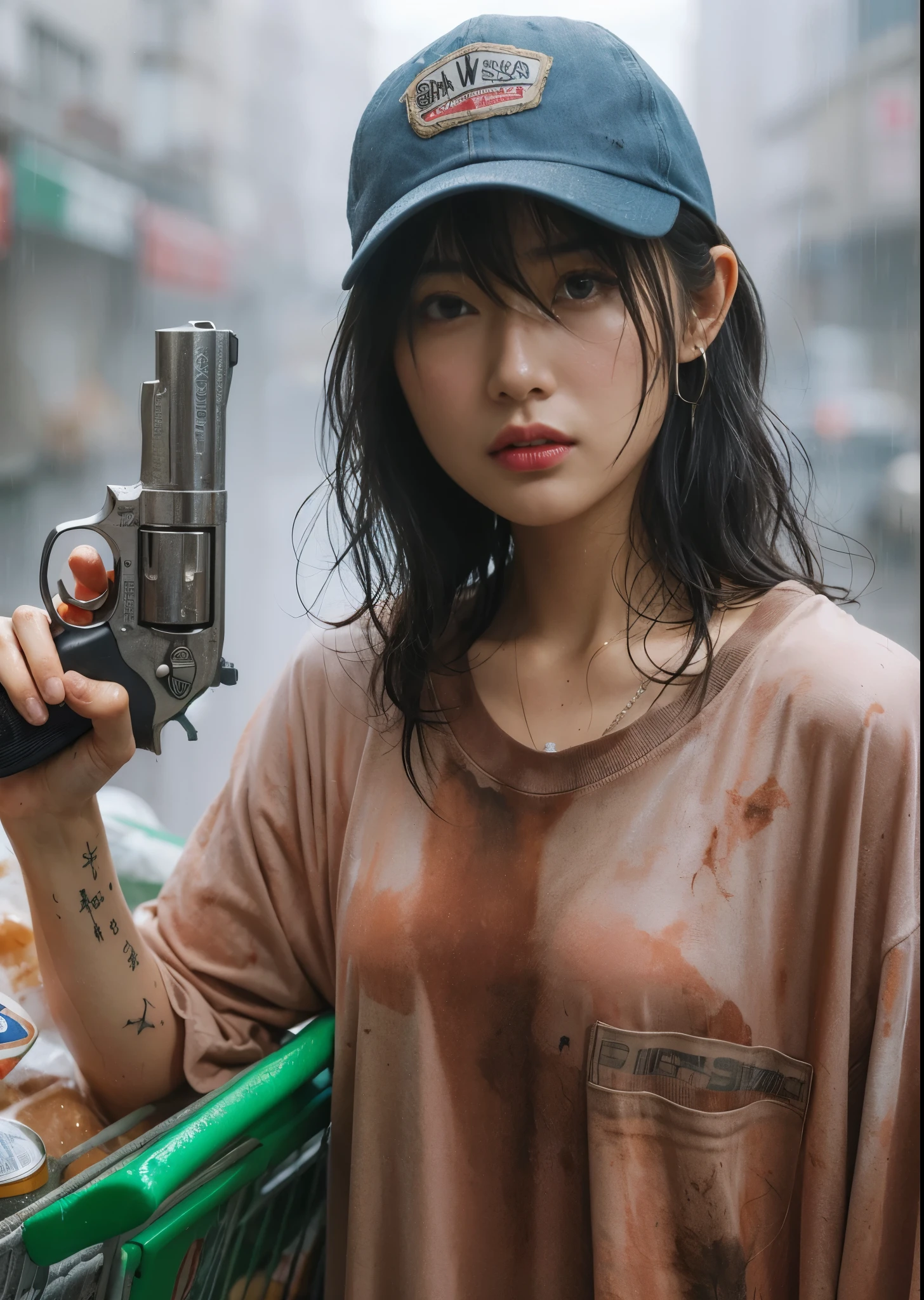 8K,realistic photo、realistic skin texture、A beautiful Japanese woman living in America&He turns around holding a Wesson M442 compact revolver.、Dirty and torn oversizedTshirt、baseball cap、Dirty high-top Vans sneakers、Holding a skateboard in one hand、It's raining and your clothes are wet、A town in chaos、face、moving action pose、cool composition、tattoo