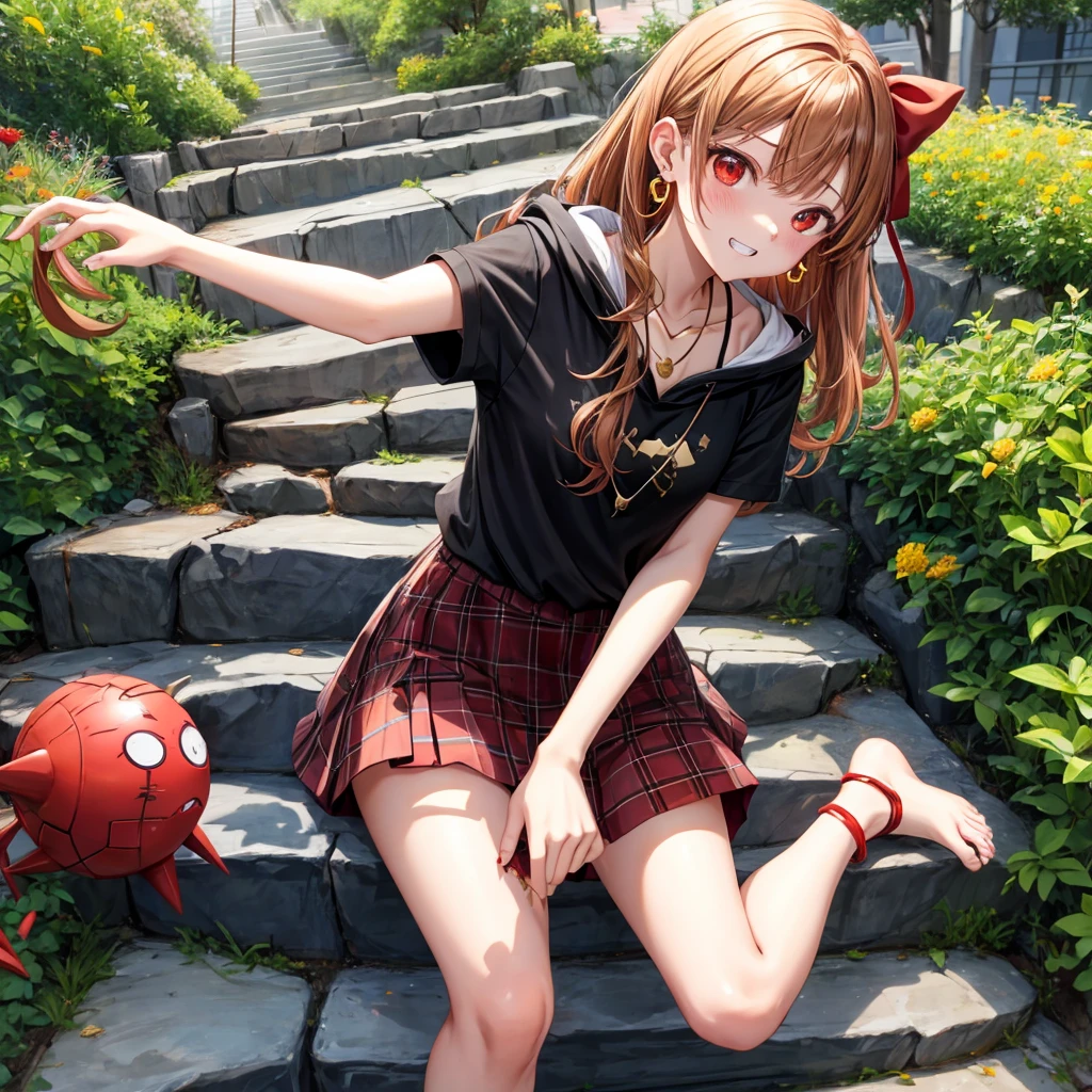 Brown, red, gold, golden hair、red eyes、one good looking girl、solo、anime、plaid mini skirt、black camisole、black t-shirt、hoodie、wearing a ribbon、ribbon at waist、crystal earrings、Gemstone Necklace、Light and shadow、Tilting face、teeth are visible、pillar、evil looking face、Kuroko、Diamond dust、grassland、Water running down the stairs、overflowing、Ants are walking、sulking、is increasing